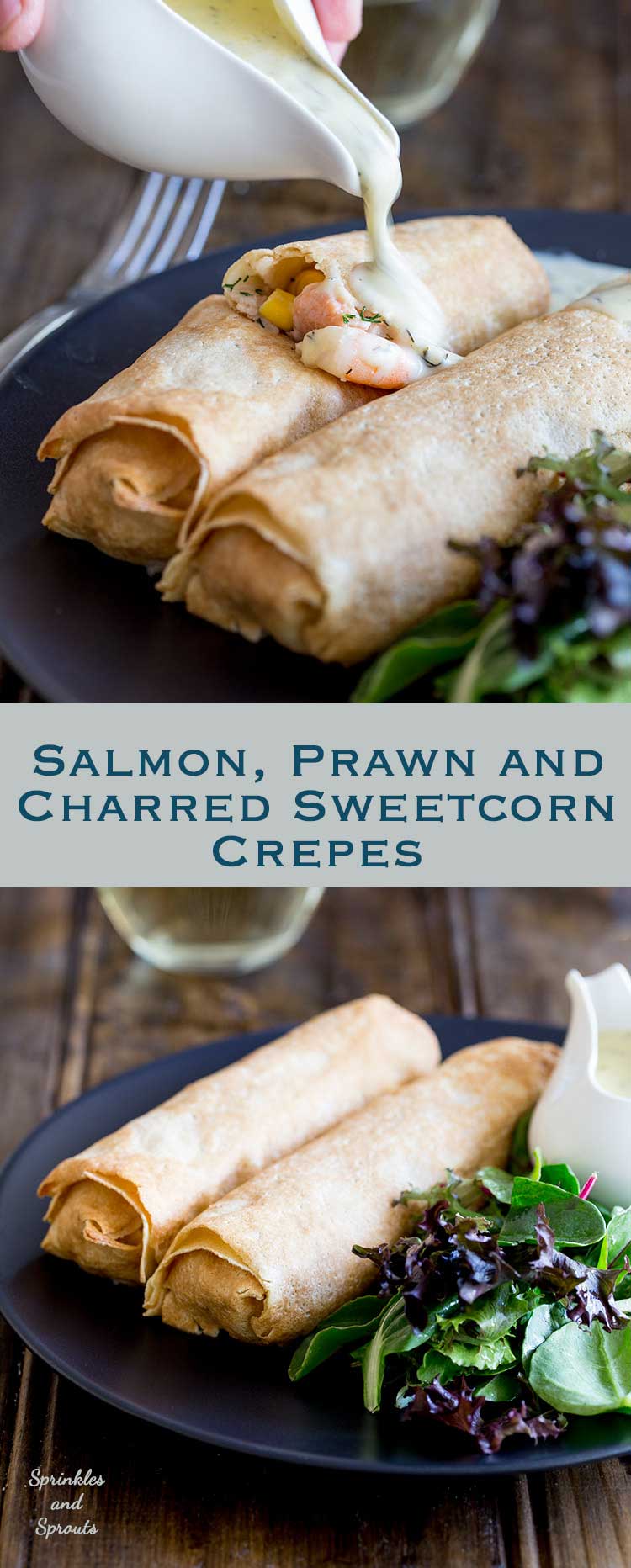 These delicate, thin crepes are filled with creamy delicious salmon and king prawns, some sweet charred corn and then baked to a crisp delicious perfection. All served with a creamy dill sauce. Delicious and elegant. Perfect for entertaining, these are sure to be a hit!