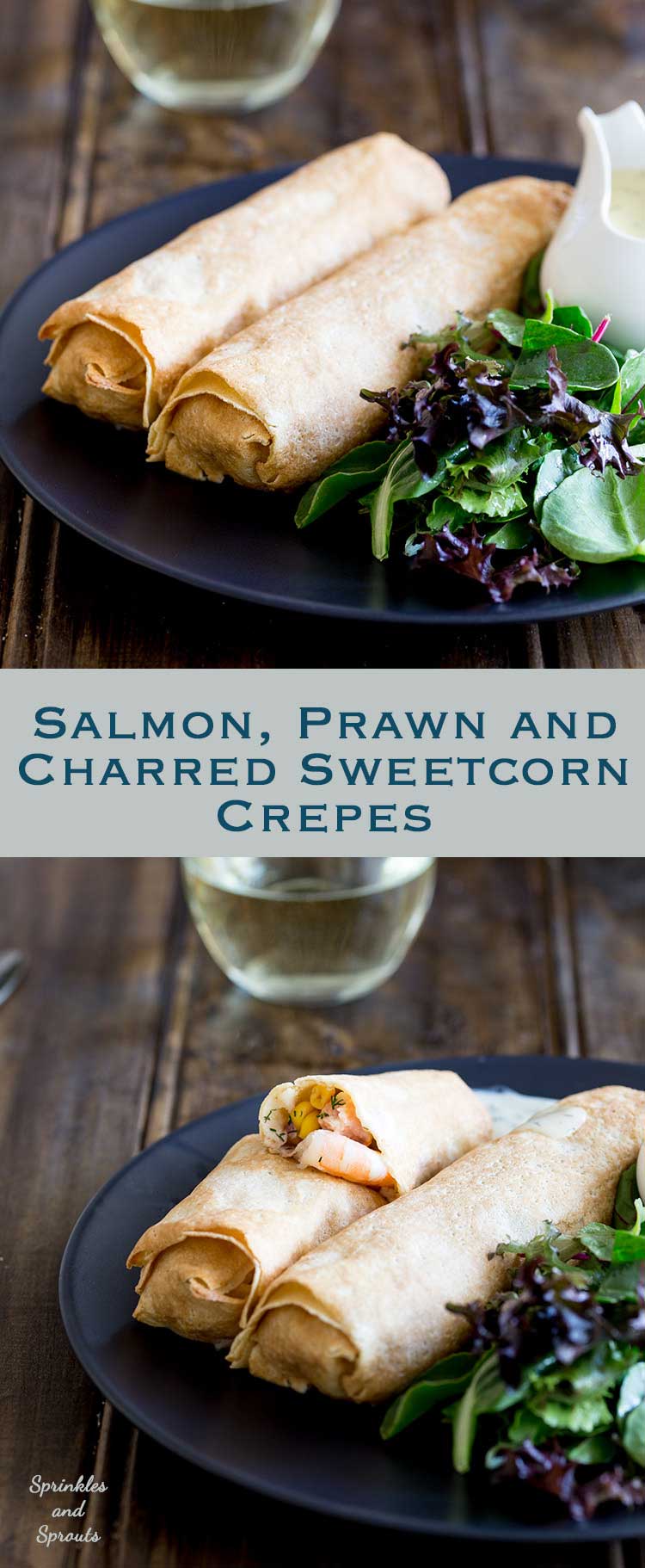 These delicate, thin crepes are filled with creamy delicious salmon and king prawns, some sweet charred corn and then baked to a crisp delicious perfection. All served with a creamy dill sauce. Delicious and elegant. Perfect for entertaining, these are sure to be a hit!