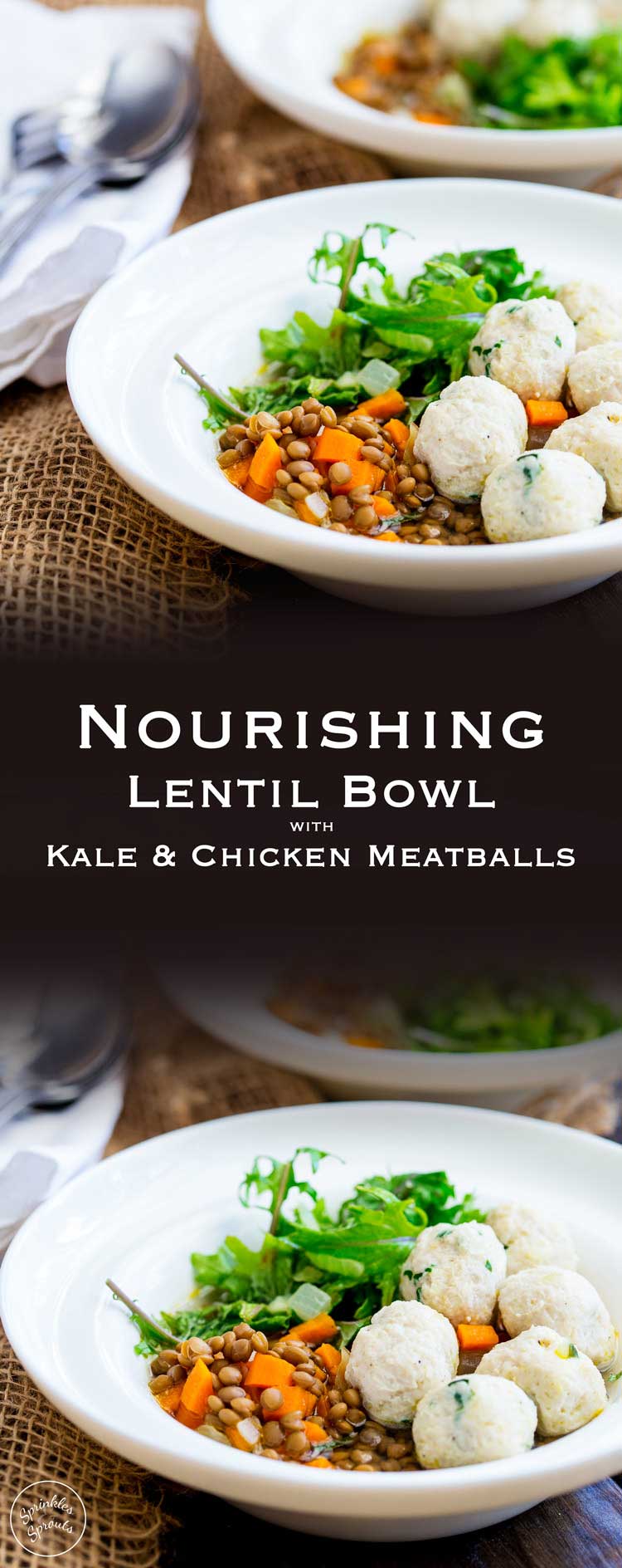 This Lentil Bowl with kale and chicken meatballs is the perfect mix of comfort food and healthy lunch. Hearty and warming without being heavy or stodgy but light enough for a warm day. It really is the dish for all seasons! From Sprinkles and Sprouts