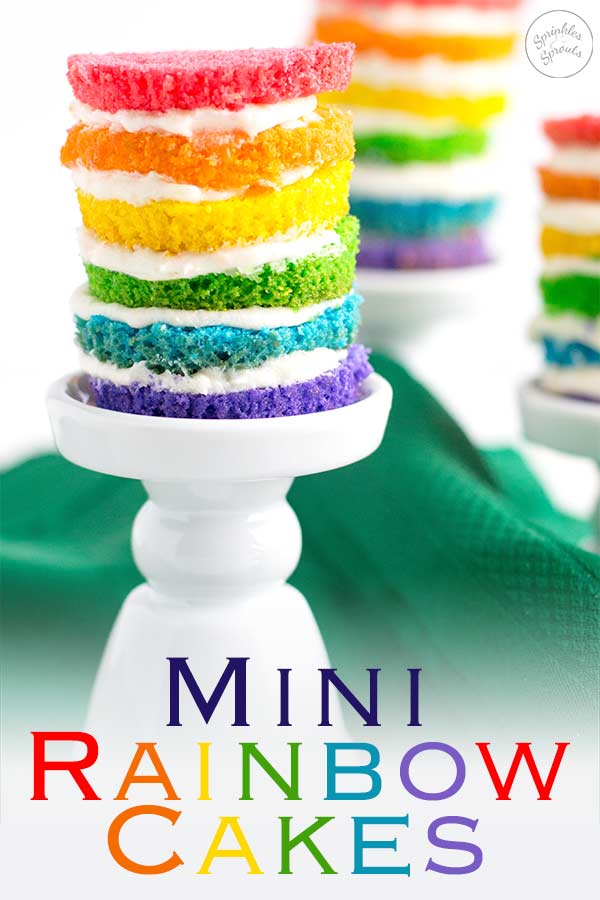 Close up on the 6 layers in these rainbow cakes