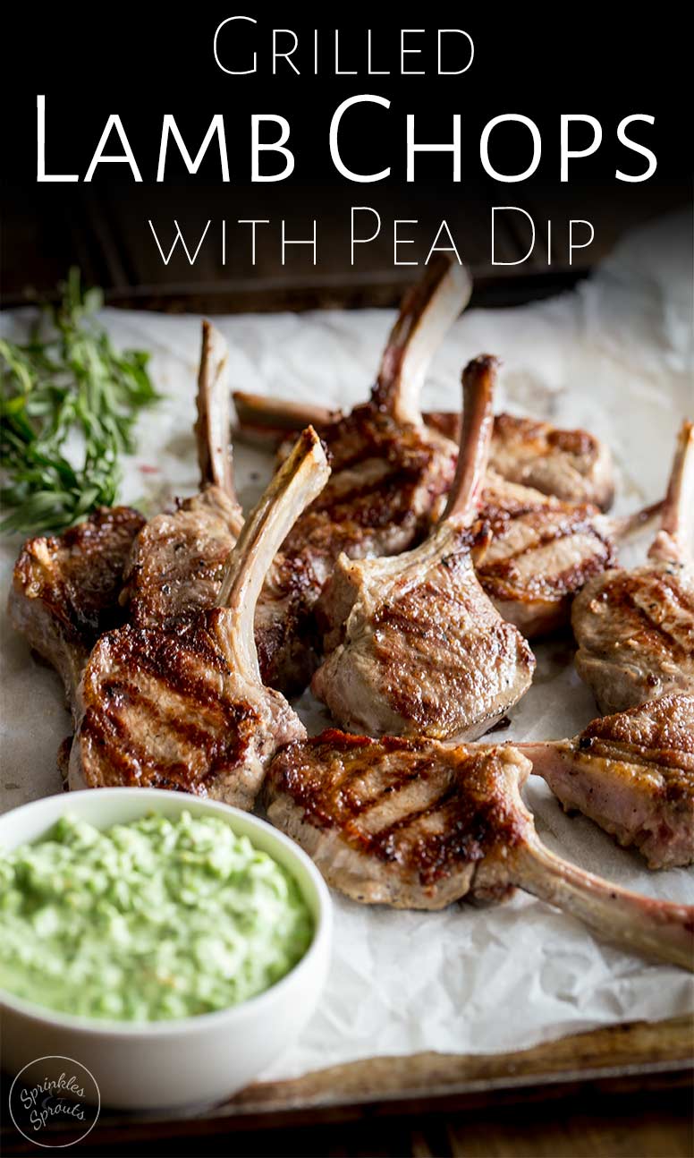 lamb chops and pea dip with text at the top