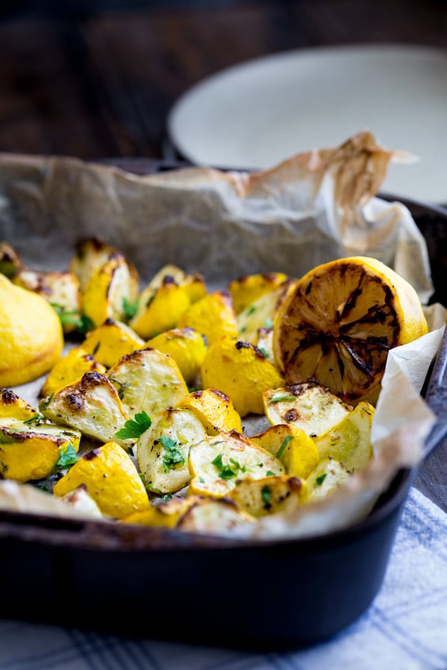 Flash roasted summer squash, drizzled with extra virgin olive oil and generously seasoned with fresh thyme. Finished with the caramelised sweet and sour hit of charred lemons. This is a side dish that packs a punch and is perfect for just about any occasion!