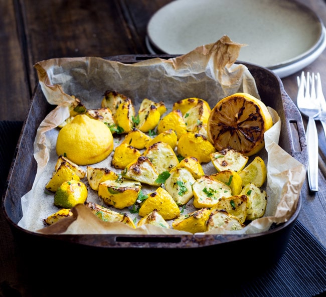 Flash roasted summer squash, drizzled with extra virgin olive oil and generously seasoned with fresh thyme. Finished with the caramelised sweet and sour hit of charred lemons. This is a side dish that packs a punch and is perfect for just about any occasion!