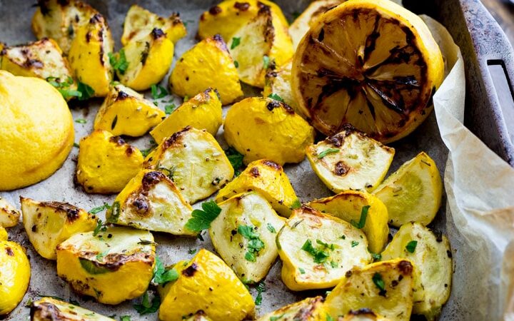 Flash roasted summer squash, drizzled with extra virgin olive oil and generously seasoned with fresh thyme. Finished with the caramelised sweet and sour hit of charred lemons. This is a side dish that packs a punch and is perfect for just about any occasion!