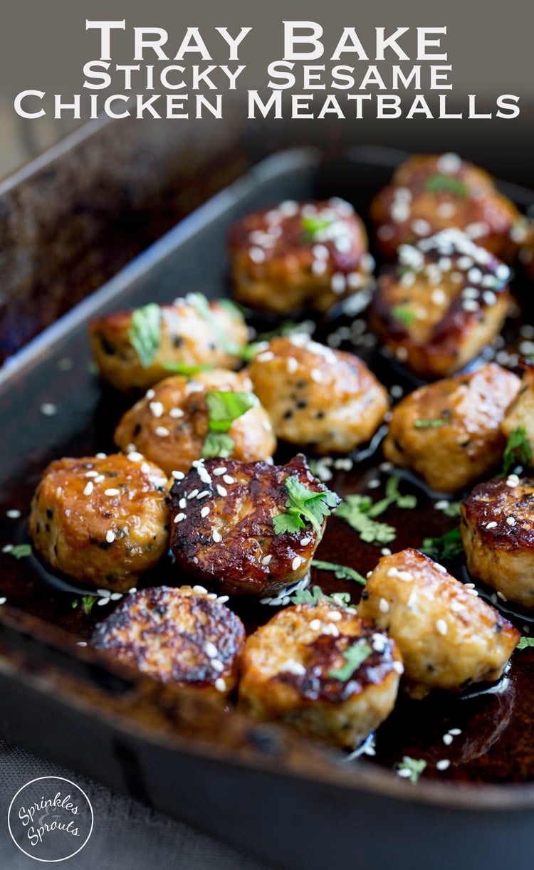 Sweet, sticky and delicious. These tray baked sticky sesame chicken meatballs are packed with flavour and bake easily in the oven for a perfect week night meal. From https://www.sprinklesandsprouts.com