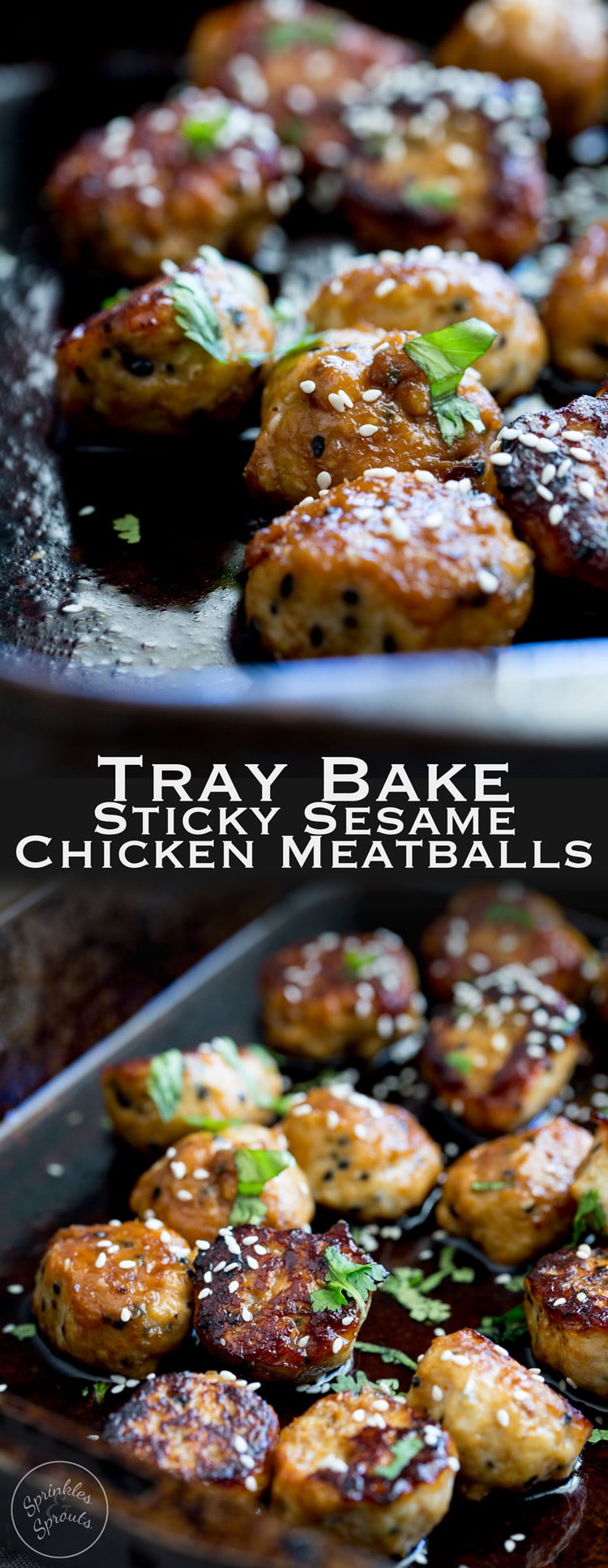 Sweet, sticky and delicious. These tray baked sticky sesame chicken meatballs are packed with flavour and bake easily in the oven for a perfect week night meal. From https://www.sprinklesandsprouts.com