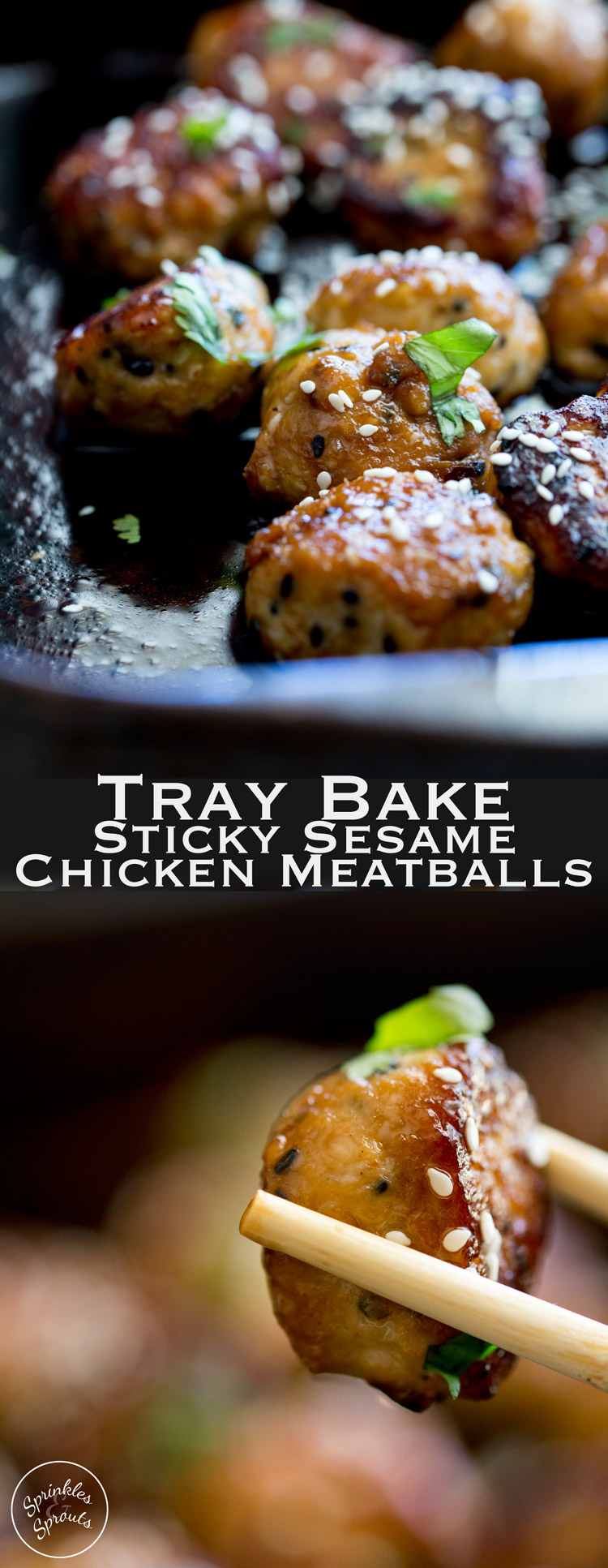 Sweet, sticky and delicious. These tray baked sticky sesame chicken meatballs are packed with flavour and bake easily in the oven for a perfect week night meal. From https://www.sprinklesandsprouts.com