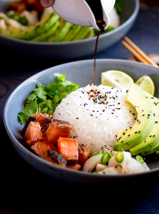 Sweet salty Salmon, Creamy Avocado and a Lychee Salsa that packs a flavour punch! All sitting on top of seasoned sticky rice. Sushi bowls are fun to put together and are a great way to get the flavours of sushi without having to roll or press the rice!