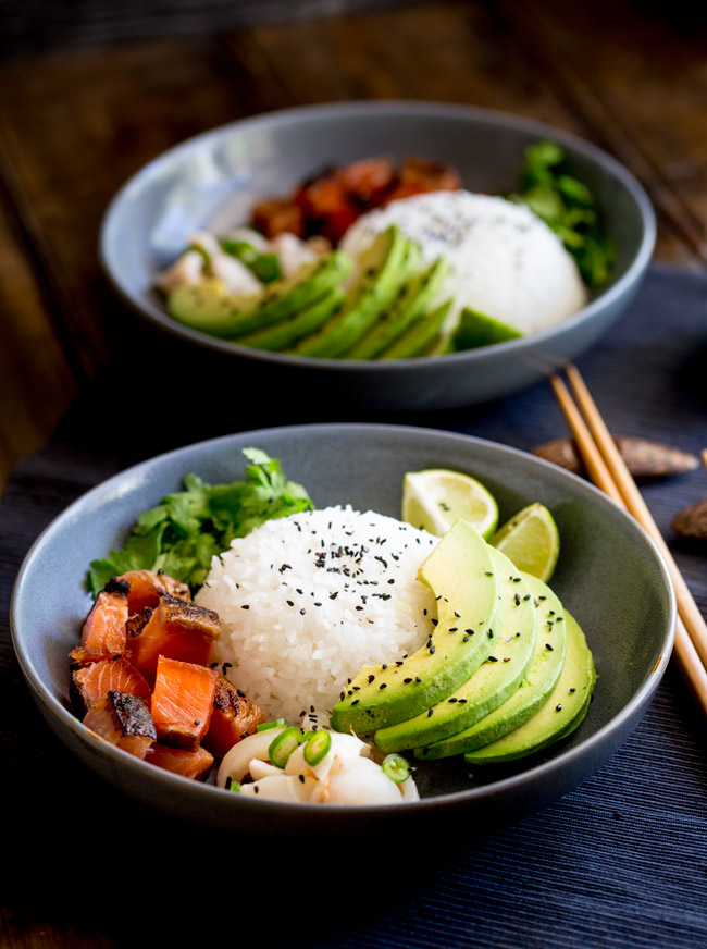 Sweet salty Salmon, Creamy Avocado and a Lychee Salsa that packs a flavour punch! All sitting on top of seasoned sticky rice. Sushi bowls are fun to put together and are a great way to get the flavours of sushi without having to roll or press the rice!