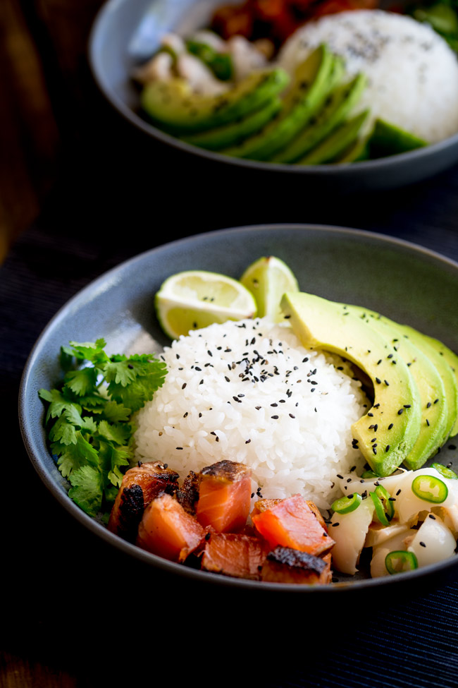 Sweet salty Salmon, Creamy Avocado and a Lychee Salsa that packs a flavour punch! All sitting on top of seasoned sticky rice. Sushi bowls are fun to put together and are a great way to get the flavours of sushi without having to roll or press the rice!
