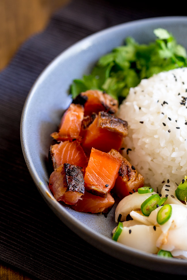 Sweet salty Salmon, Creamy Avocado and a Lychee Salsa that packs a flavour punch! All sitting on top of seasoned sticky rice. Sushi bowls are fun to put together and are a great way to get the flavours of sushi without having to roll or press the rice!