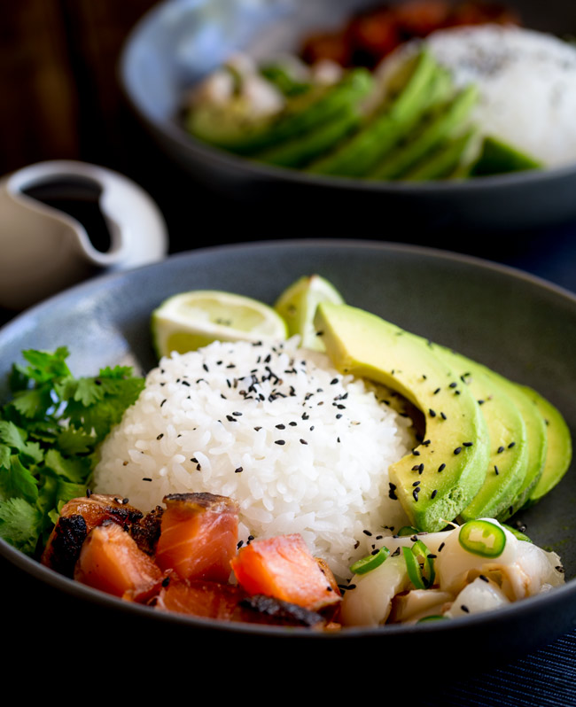 Sweet salty Salmon, Creamy Avocado and a Lychee Salsa that packs a flavour punch! All sitting on top of seasoned sticky rice. Sushi bowls are fun to put together and are a great way to get the flavours of sushi without having to roll or press the rice!