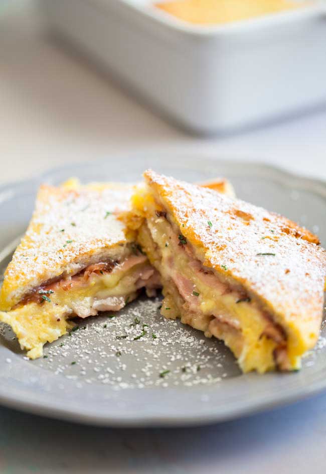 This make Ahead Baked Monte Cristo Casserole is the perfect dish for brunch. You make it the night before and just pop it in the oven in the morning. No stress when you have guests staying over!!