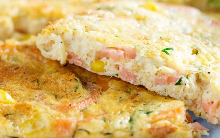 This Smoked Salmon Frittata is baked in a sheet pan, making it perfect for feeding a group. Enjoy it at any time of day. Personally I like it for brunch with a glass of bucks fizz.