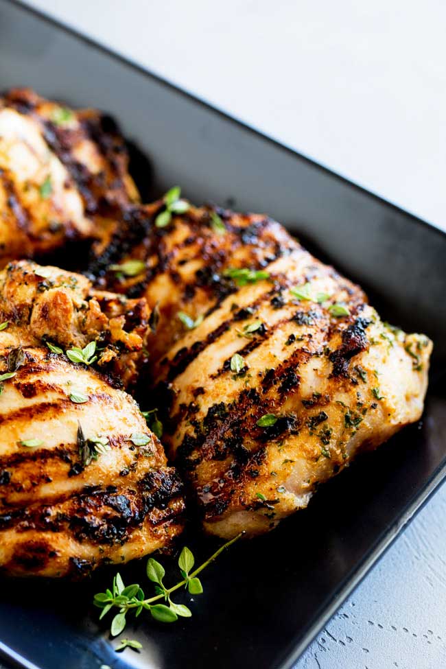 This Grilled Apple Cider Thyme Chicken is juicy and full of flavour, slightly sweet from the cider but with a wonderful floral note and savoury grilled flavour.