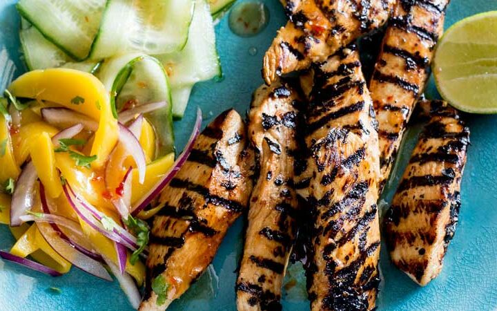 This Sweet Chilli Chicken is sweet, sticky, a little spicy and very very moorish! The sweet chilli glaze helps the chicken caramelise and the mango salad is sweet, refreshing and spicy. From Sprinkles and Sprouts.