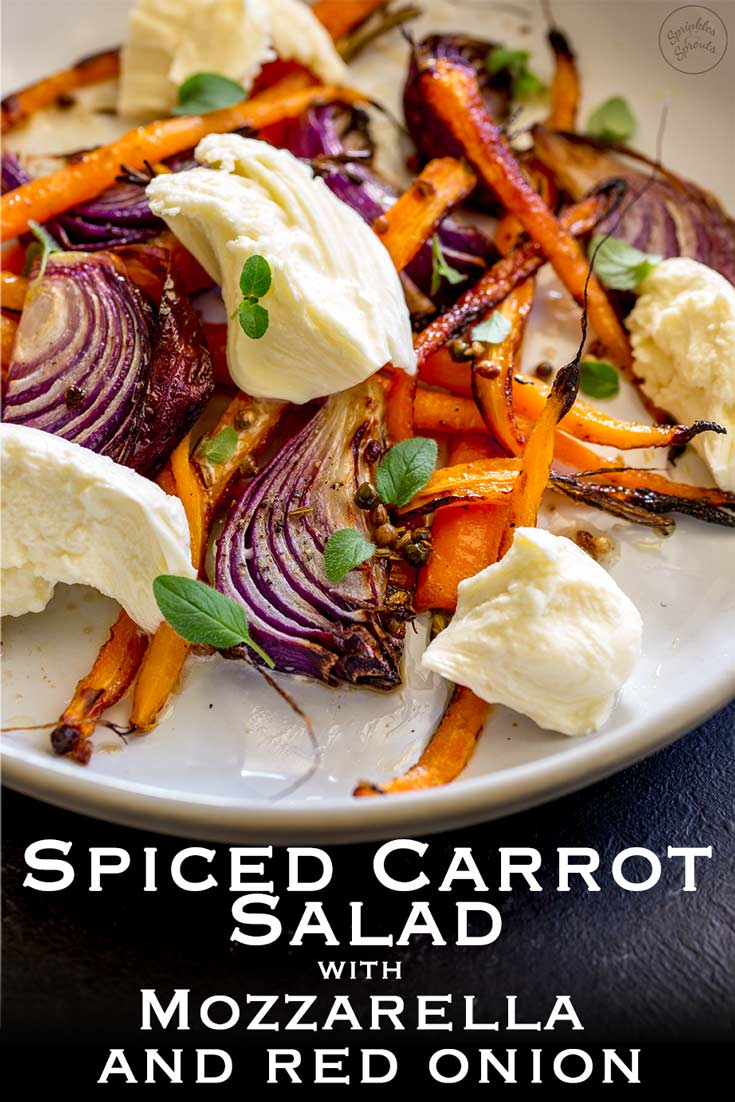 Spiced Carrot, Red Onion and Mozzarella Salad | Sweet sticky caramelised vegetables, a spiced vinaigrette and soft smooth milky mozzarella. This Spiced Carrot, Red Onion and Mozzarella Salad is the salad for people who don't like salad. The carrots are nutty and sweet, the onion is sticky and fragrant, the dressing perks everything up and then then mozzarella calms and cools. The perfect salad for so many occasions. Recipe from Sprinkles and Sprouts | Delicious food for Easy Entertaining #Salad #grilling #carrotrecipe #differentsalad #roastedveg