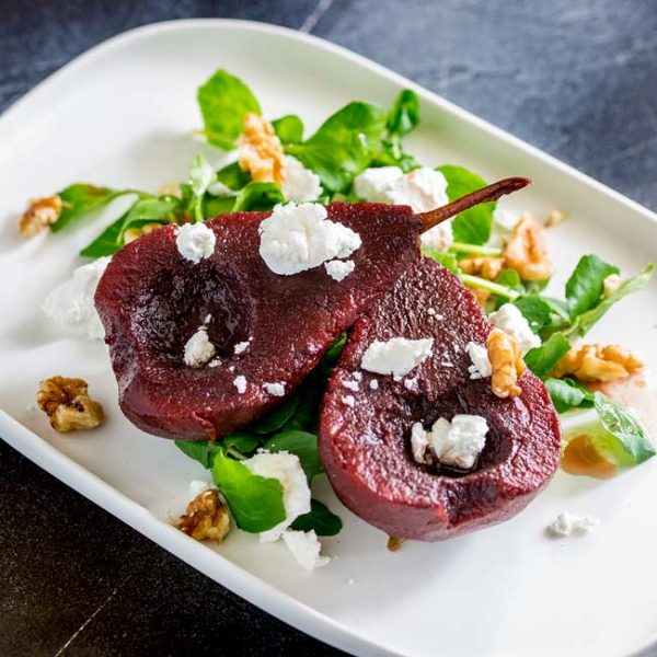 Spiced Poached Pears and Goats Cheese Salad Sprinkles and Sprouts