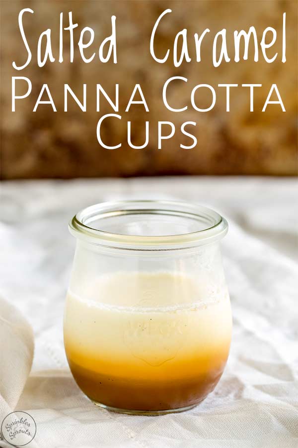 Close up on a single glass jar showing the golden colour of the caramel and the white f the panna cotta, with text at the top