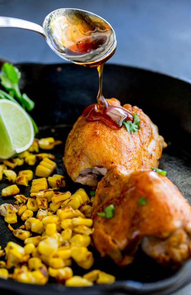 Spicy chicken served a delicious sweet and smoky maple caramel and the fresh pop of charred corn. This dish is a great combination of flavours. From Sprinkles and Sprouts.