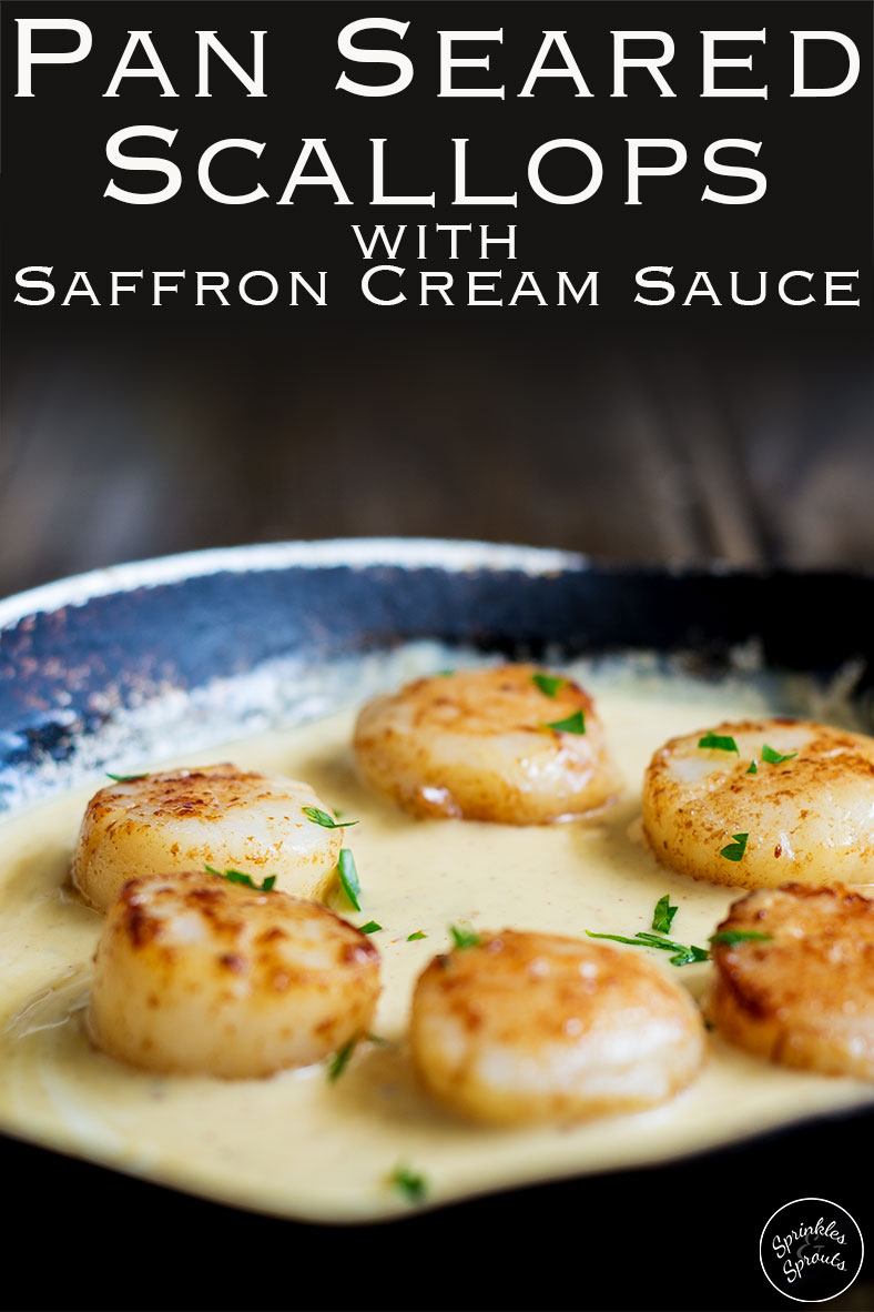 PIN IMAGE - creamy saffron scallops in a pan with text overlaid