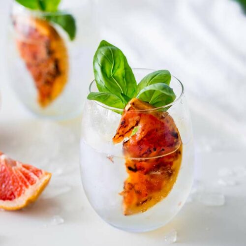 sq picture of a round bottomed stemless wineglass with gin and tonic garnished with grapefruit and basil