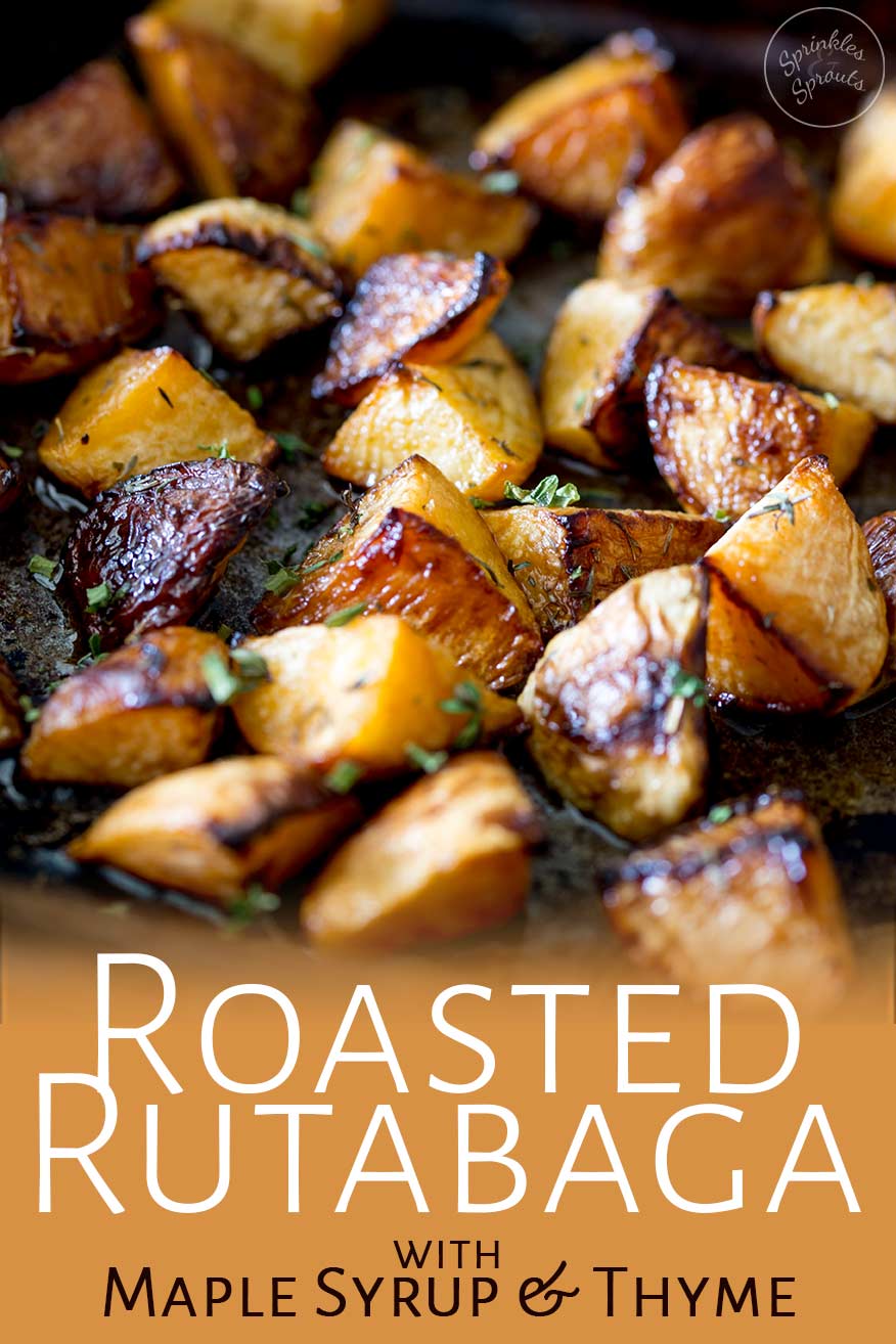 roasted rutabaga in a tray with text overlay at the bottom