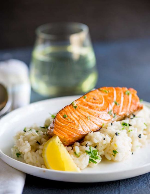 Seared Salmon with Lemon Risotto Sprinkles and Sprouts