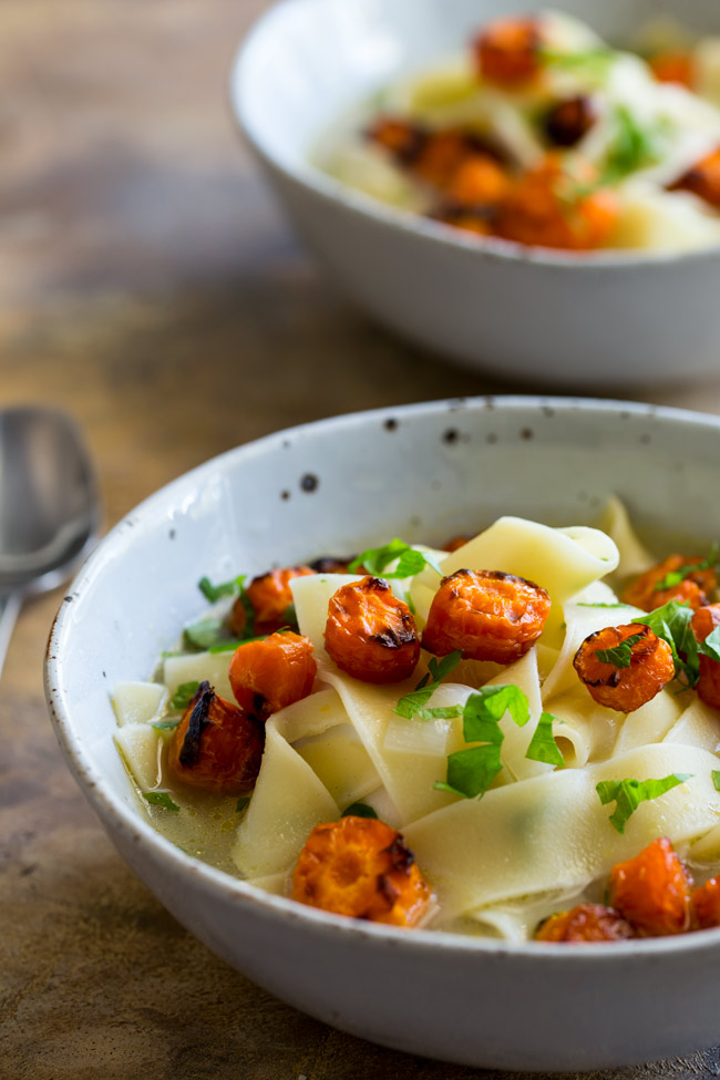 This Vegetarian Noodle Soup with Roasted Carrots is a wonderful, comforting and hearty soup that is packed with flavour and chocked full of egg noodles. The perfect vegetarian version of the classic chicken noodle soup.