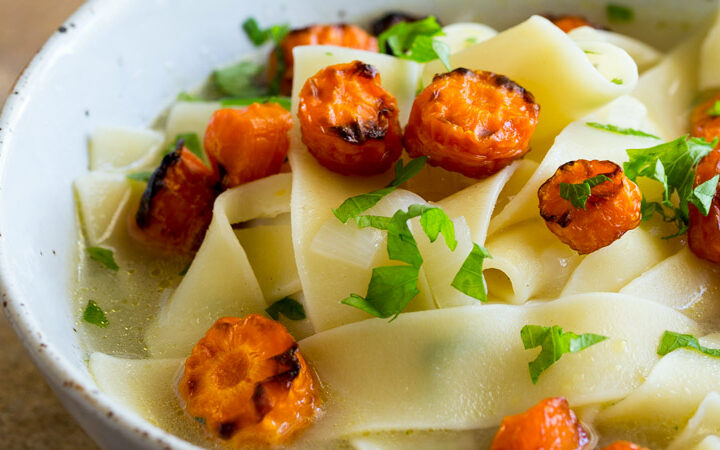 This Vegetarian Noodle Soup with Roasted Carrots is a wonderful, comforting and hearty soup that is packed with flavour and chocked full of egg noodles. The perfect vegetarian version of the classic chicken noodle soup.