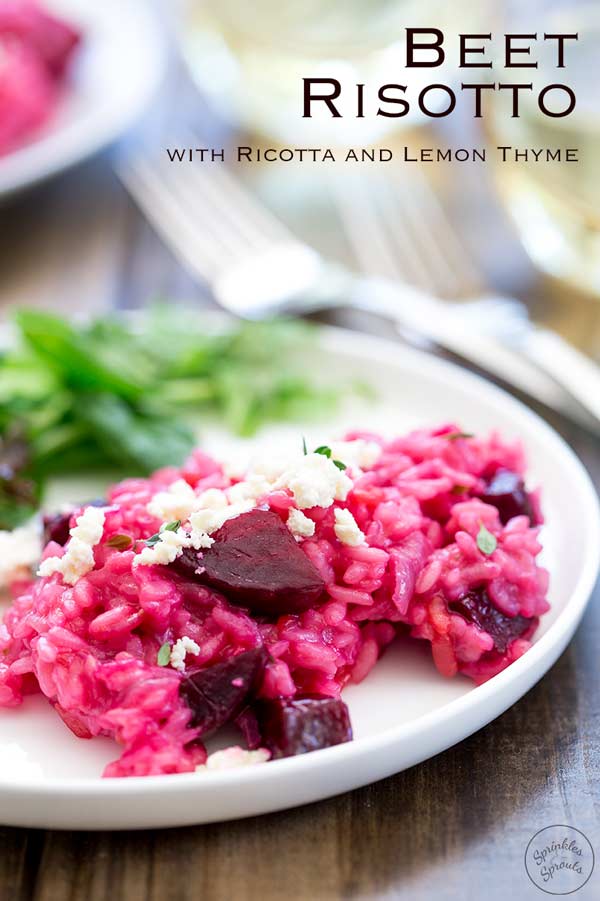 Pinterest image, pink beets risotto on a white plate with a green salad garnish