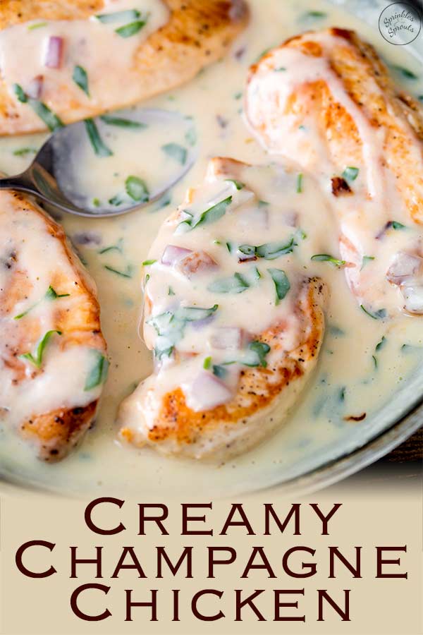 Pinterest image, showing a pan of creamy champagne chicken with a spoon in it and text at the bottom