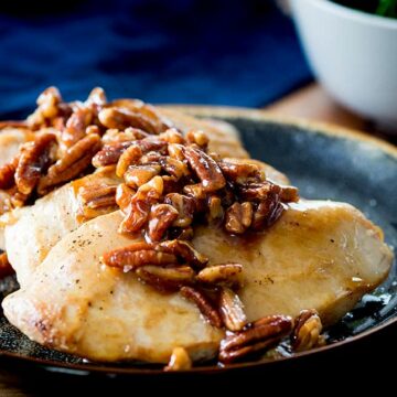 honey pecans on top of seared chicken fillets