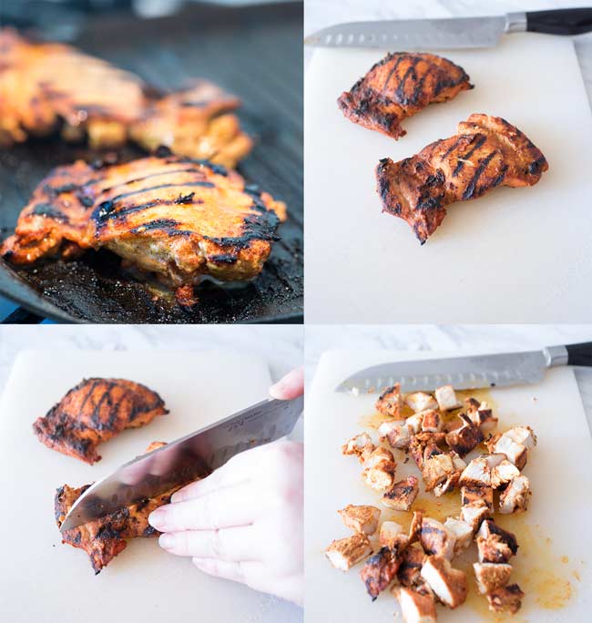 Four pictures showing the cooked tandoori chicken being cut into bite sized chunks