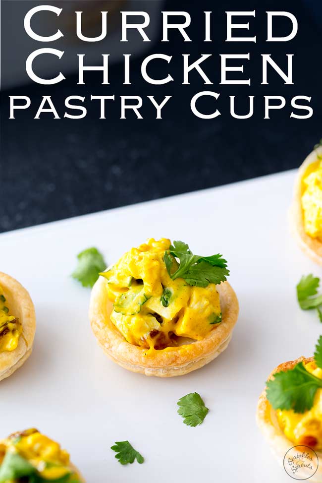 Pinterest image, overhead view of the curried chicken pastry cup with text at the top