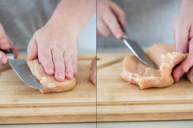 split picture showing a chicken breast on a wooden board being cut through the middle