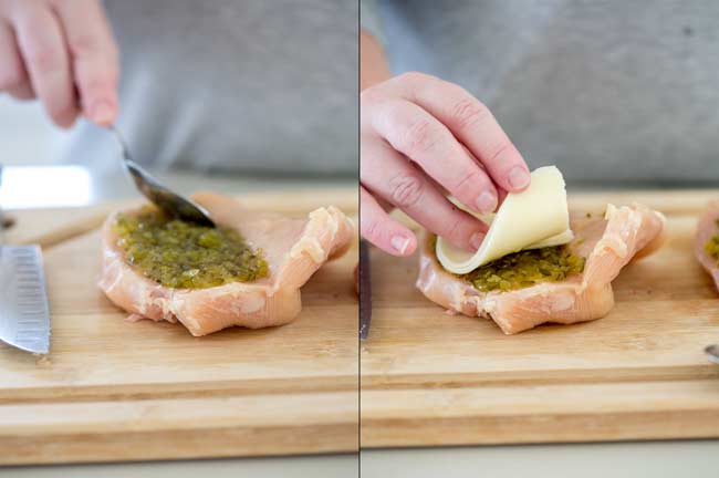 split picture showing a chicken breast on a wooden board being stuffed with cheese and pickle.
