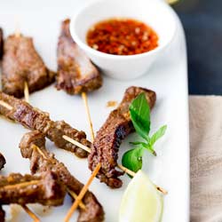 small sq showing 5 thai beef skewers on a white plate