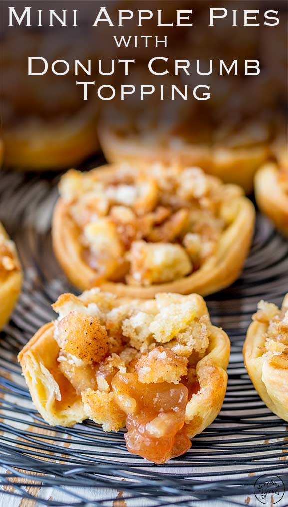 Pinterest image showing an individual mini apple pie with a bite out of it and text at the top
