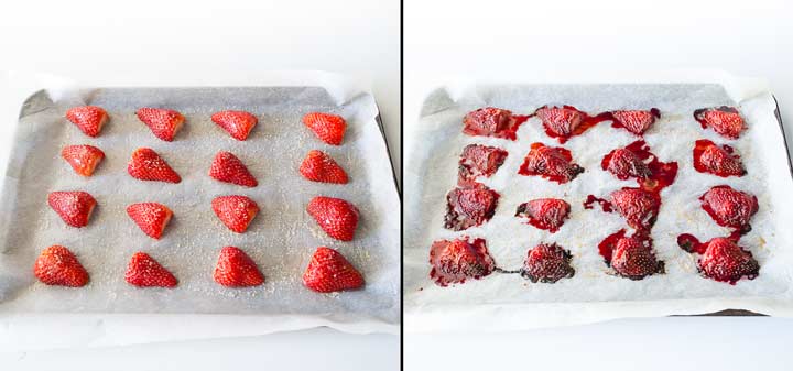 split picture showing the strawberries on a tray, before and after roasting