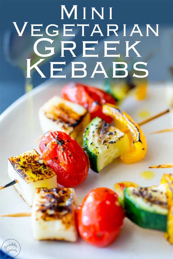 pinterest image showing a close up on a halloumi and vegetable kebab with text at the top