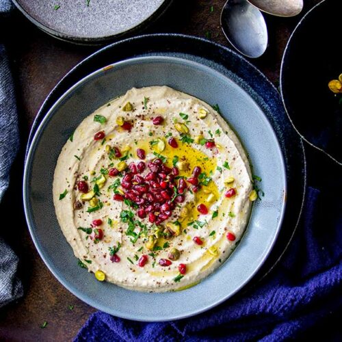 Posh Party Hummus with Pomegranate and Pistachio