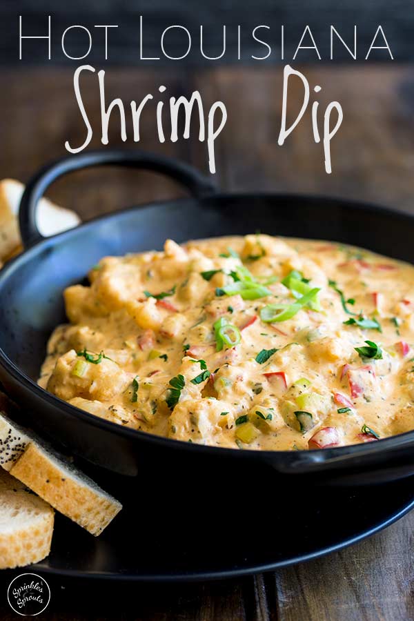 black bowl of shrimp dip with text at the top