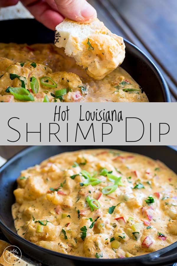 split picture showing bread being used to scoop up shrimp dip and a bowl of shrimp dip