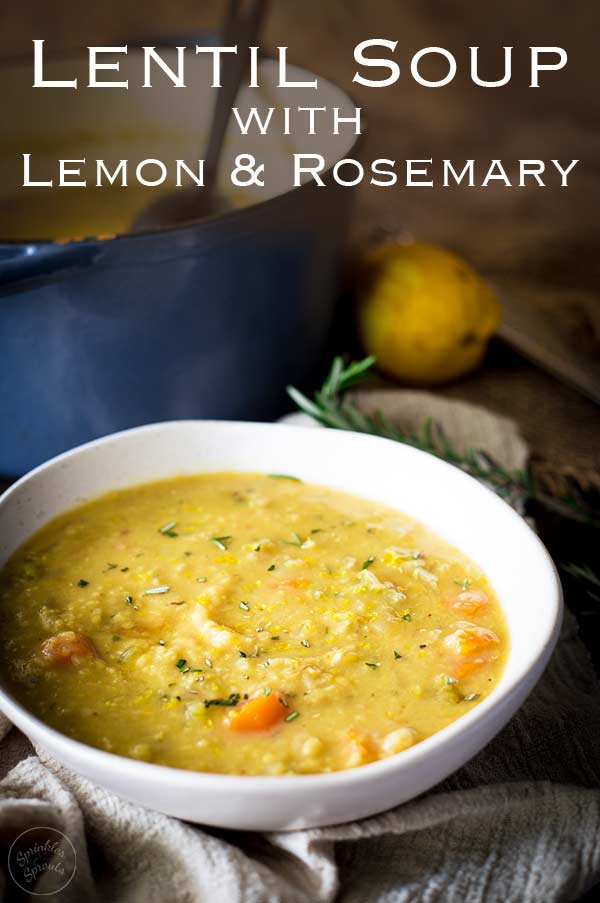 Pin image with text at the top and the rustic lentil soup at the bottom