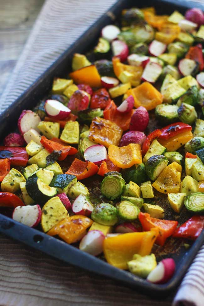mixture of vegetables on a metal roasting tray