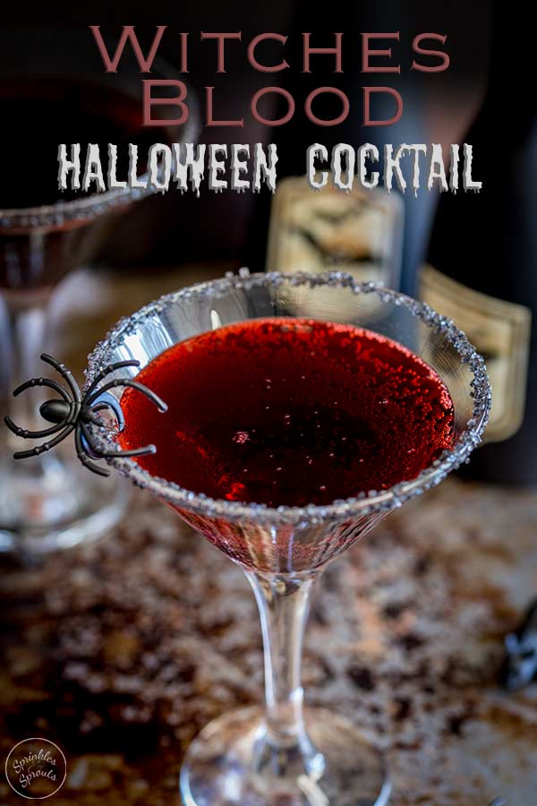Pin image with an overhead view of the witches bloody cocktail with writing at the top