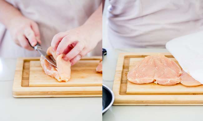 two pictures showing how to butterfly a chicken/turkey breast