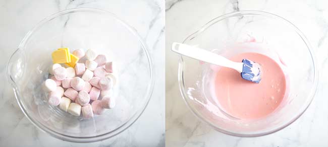 spit picture showing a glass bowl of marshmallows before and after melting