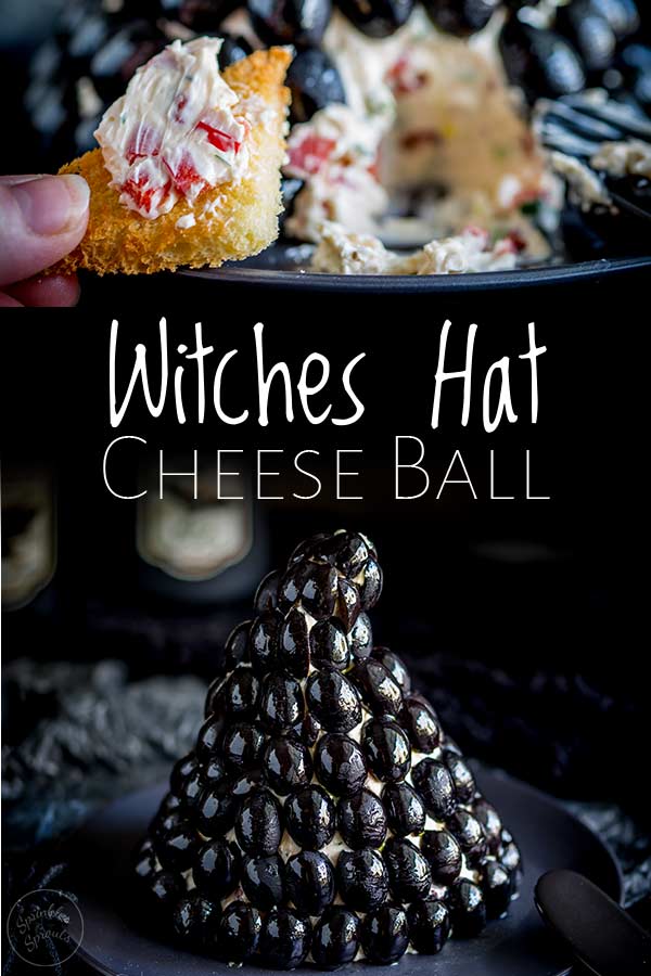 split picture showing a close up o the filling at the top and the full witches hat cheese ball at the bottom